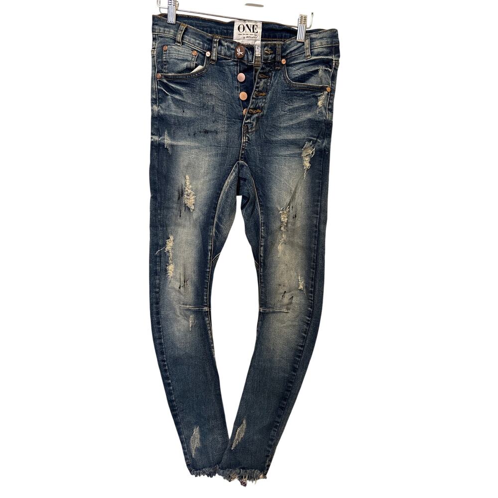 NWT One Teaspoon 26 Blue Blonde Long Lovers Drop Crotch Skinny Distressed Jeans